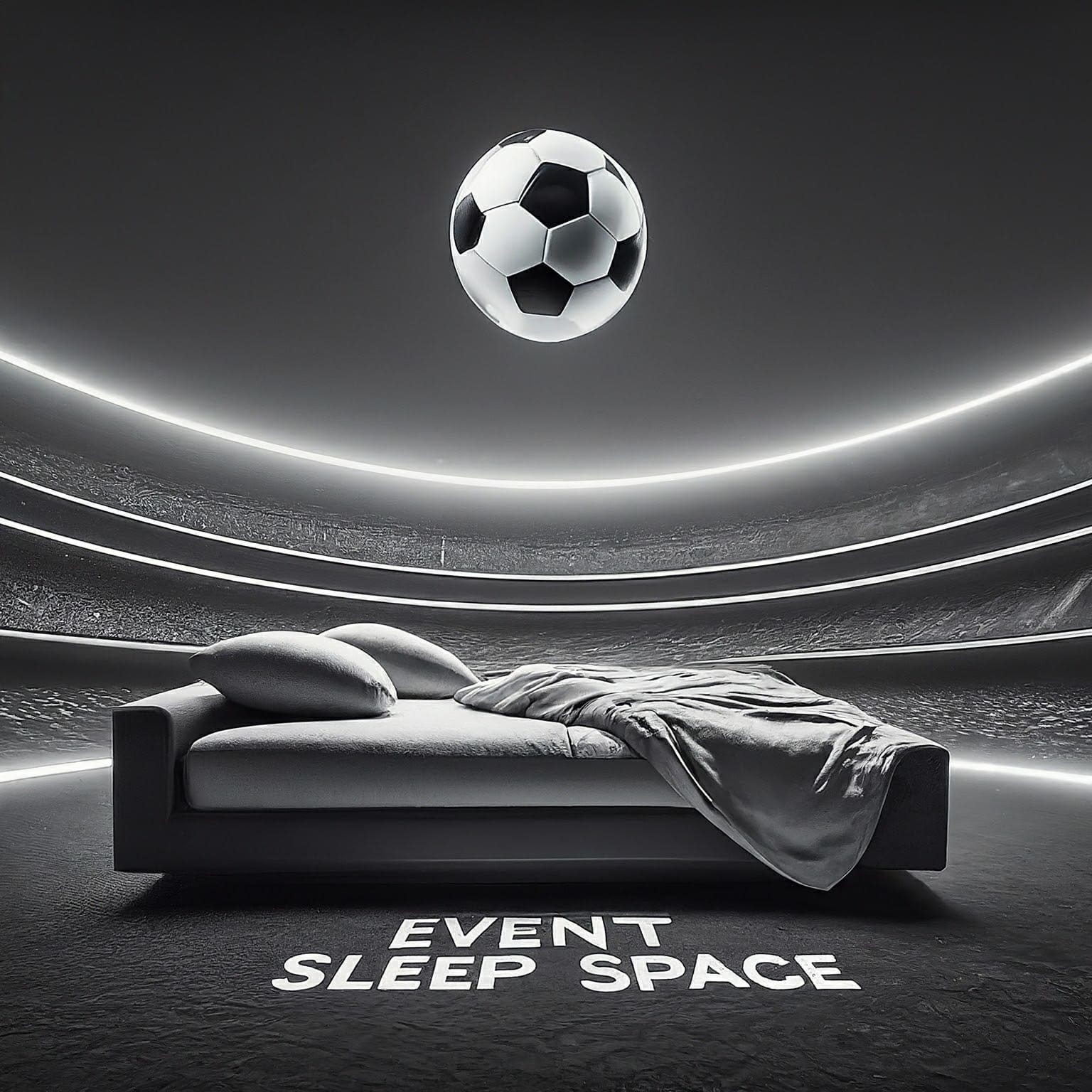 Event Sleep Space Logo Bed in the middle of a soccer field